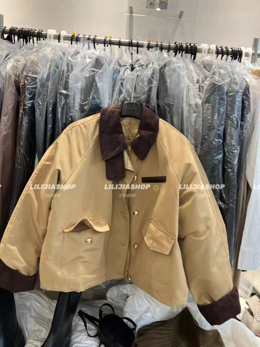 MH家 赵露思同款卡其色翻领夹克外套女宽松加棉加厚拼色领外套