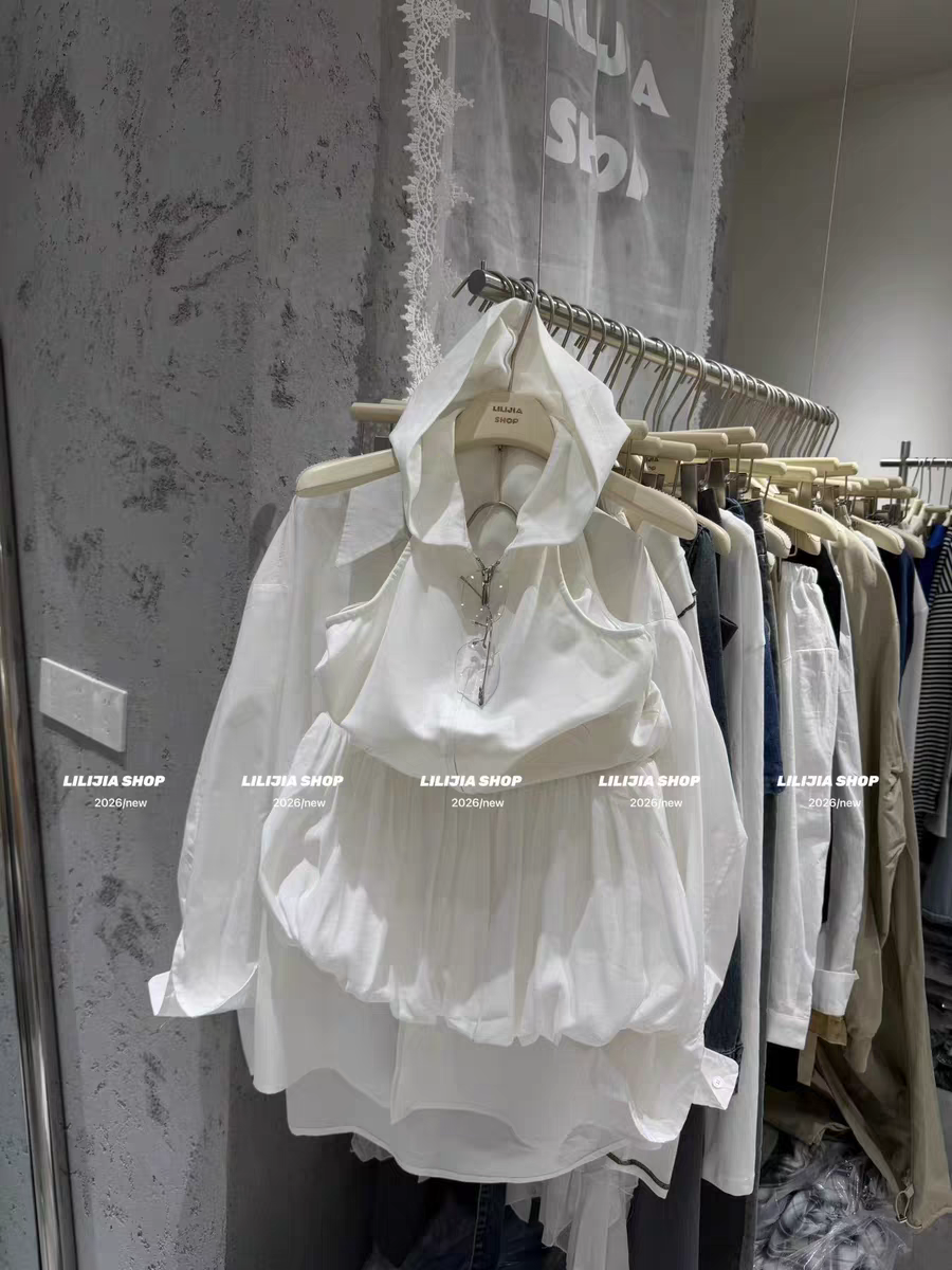 MH家 韩版时尚百搭宽松显瘦无袖连帽露背背心女半身裙套装
