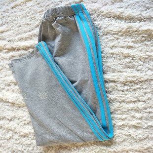 秋冬加绒宽松新款纯棉不起球浅灰色三条浅蓝杠休闲运动直筒裤校裤