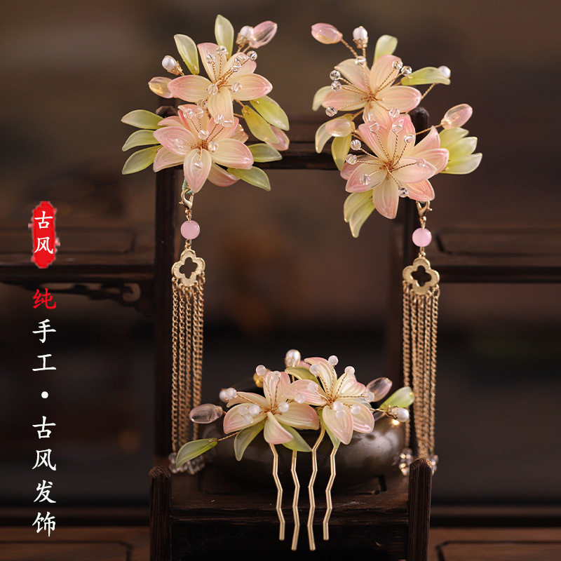 汉服头饰山茶花对夹梳子套装流苏步摇发簪古风古装襦裙配饰品