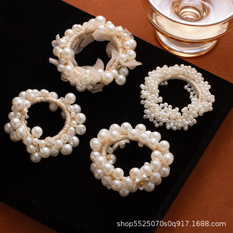 感珍珠花簇发绳布艺镶钻花朵头花超仙发圈头绳头饰伴娘手腕花