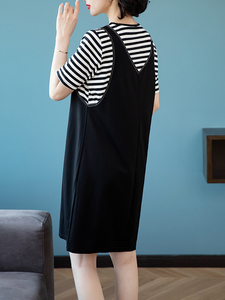 RM9649#夏季新款短袖显瘦条纹背带拼接假两件连衣裙
