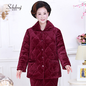 冬天中老年人睡衣女法兰绒夹棉加厚妈妈套装冬季珊瑚绒中年家居服