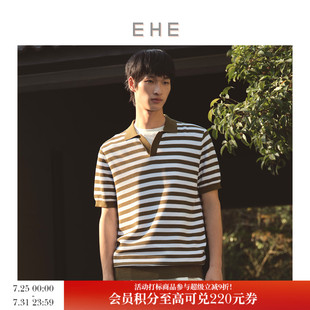 男 EHE男装 春夏新款 半翻领全棉针织条纹宽松短袖 翻领套头衫