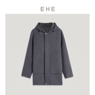 新款 EHE男装 100%绵羊毛抽绳连帽大贴袋拉链毛呢大衣男外套冬季