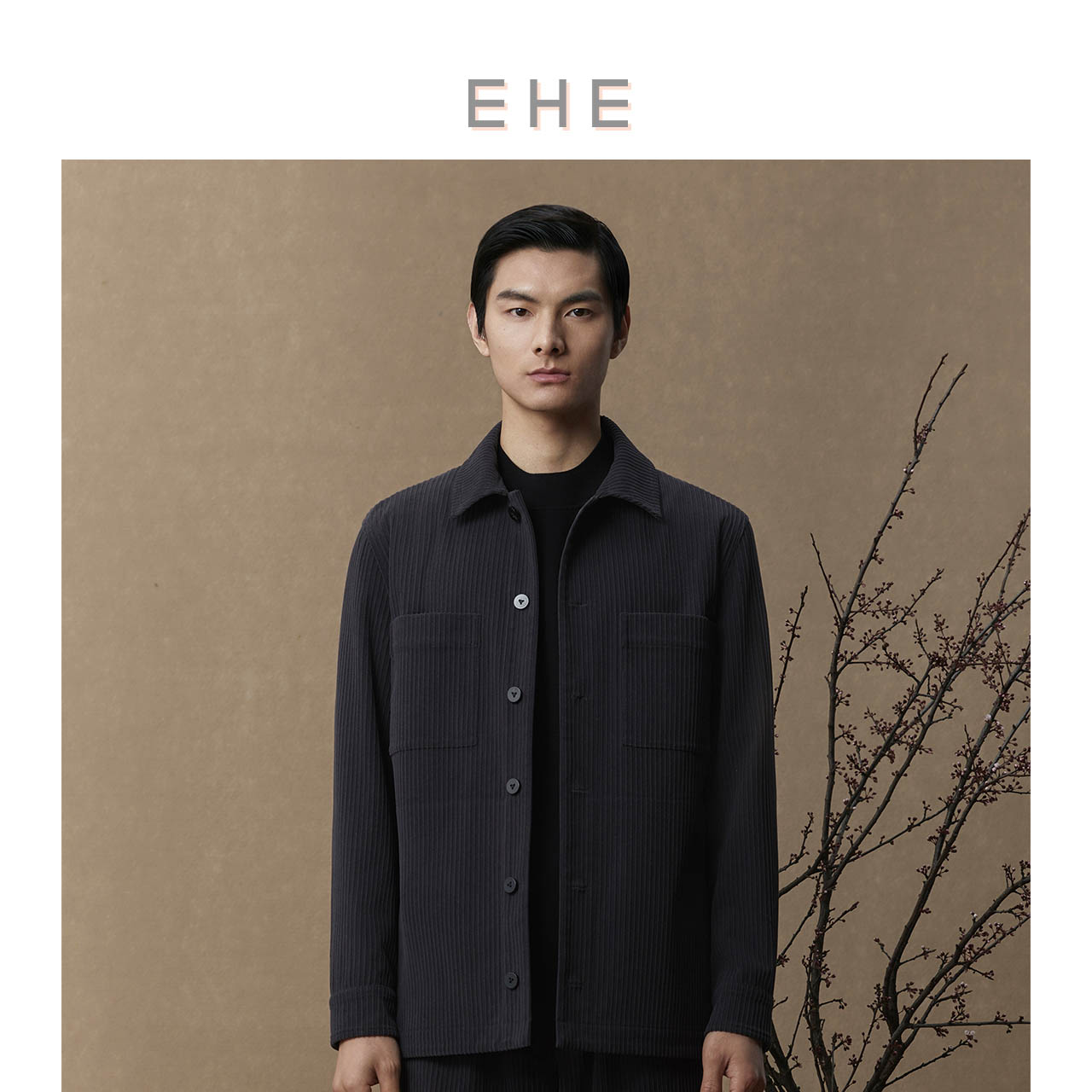 EHE男装 2024冬季新款灯芯绒牛角扣麂皮绒里布翻领衬衫式外套男