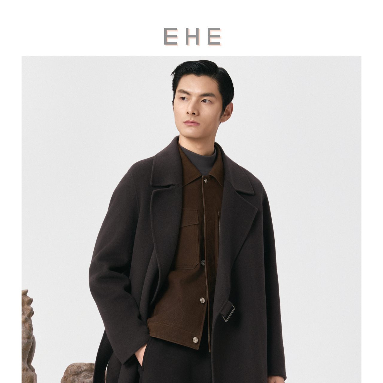 EHE男装内蒙古羊毛小山羊绒奢暖翻领毛呢长款大衣男2025秋冬新款