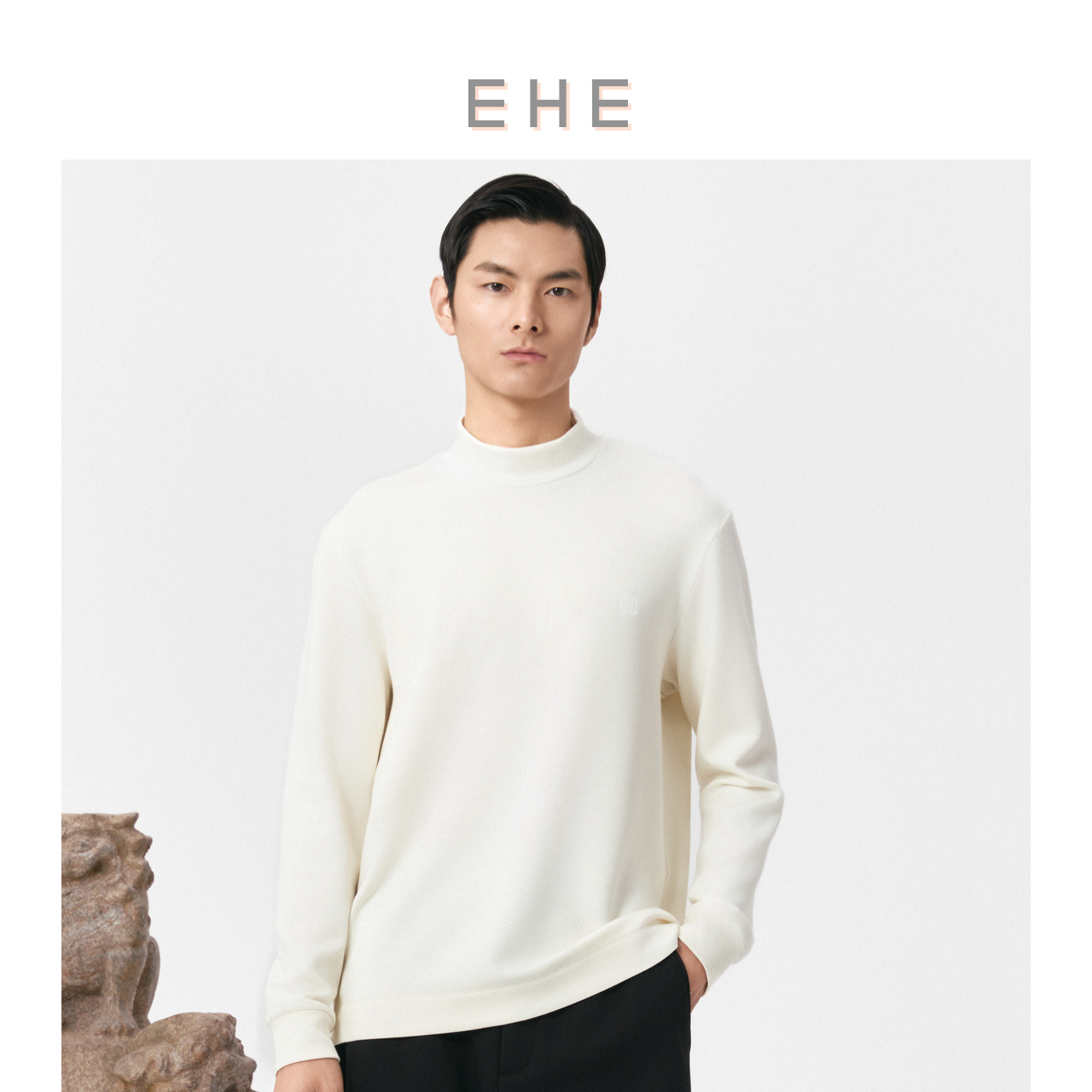 EHE男装莫代尔空气层面料肌理感磨毛半高领长袖T恤男2025秋冬新款