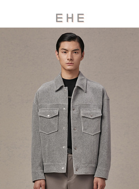 EHE男装 春秋新款灰色灯芯条绒 经典翻领落肩 挺阔宽松夹克男