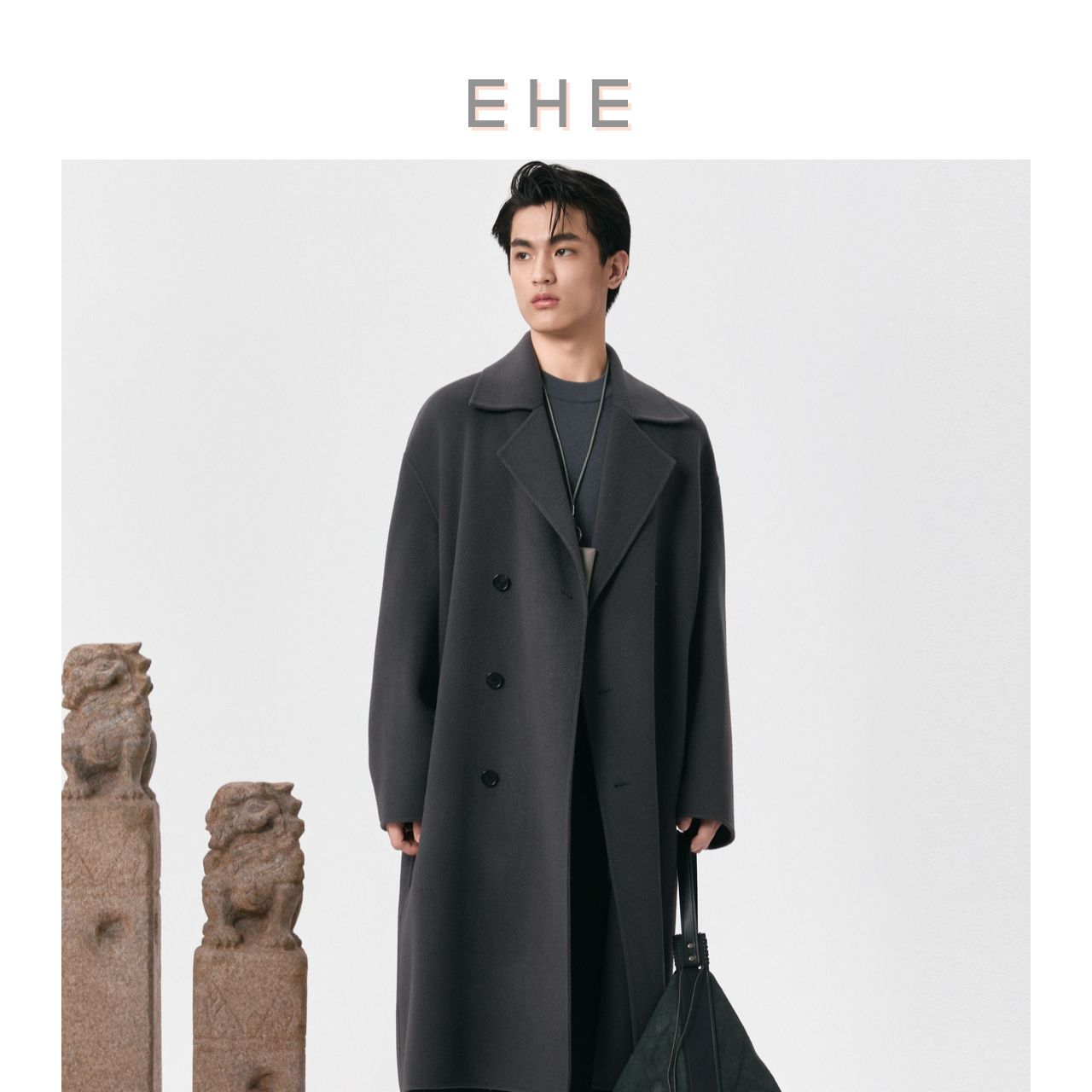 EHE男装绵羊毛山羊绒双面毛呢双排扣翻领长款大衣男2025秋冬新款