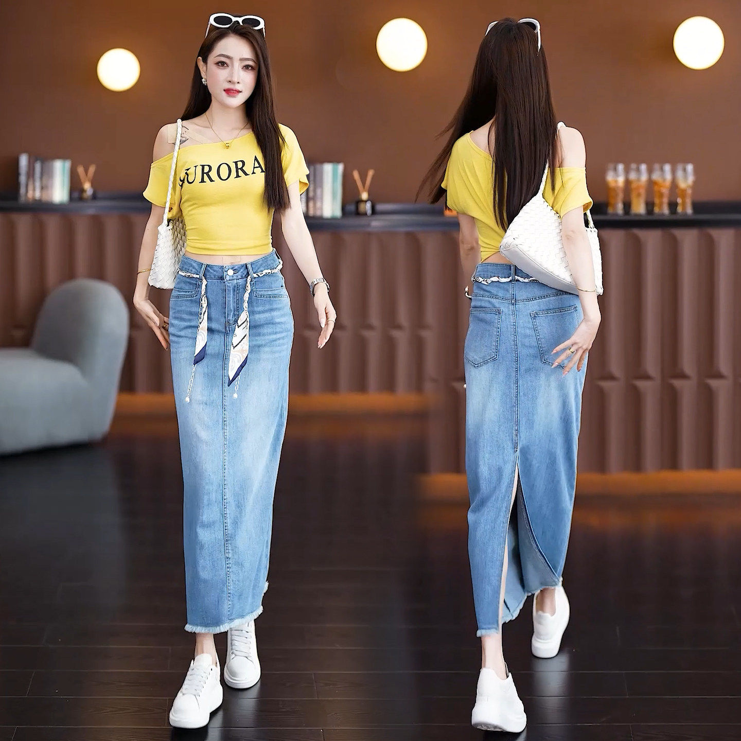 夏季高腰显瘦牛仔半身裙后开叉