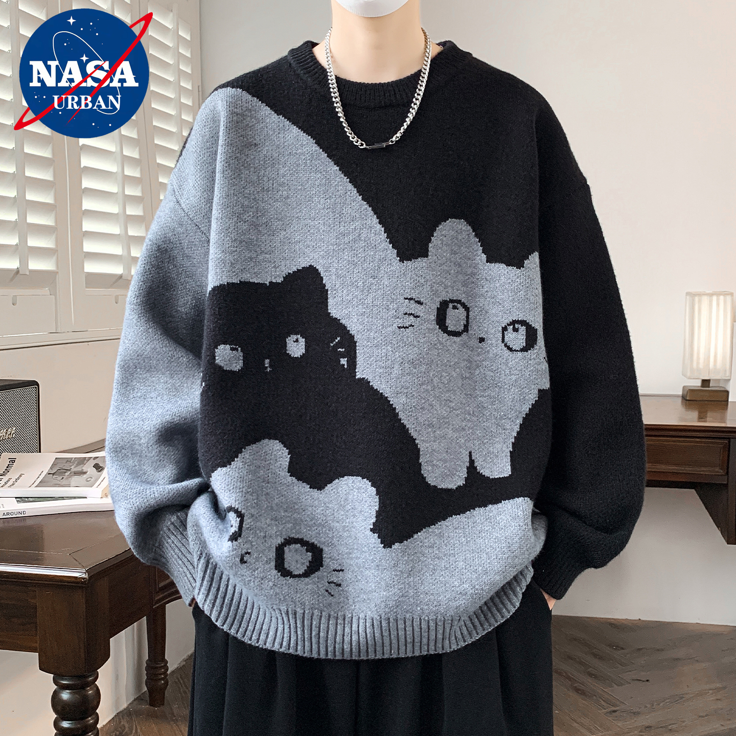 NASA动物卡通毛衣男针织衫