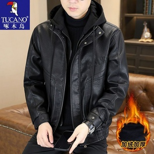 连帽潮流机车夹克外套 休闲时尚 啄木鸟冬季 加绒加厚假两件皮衣男士