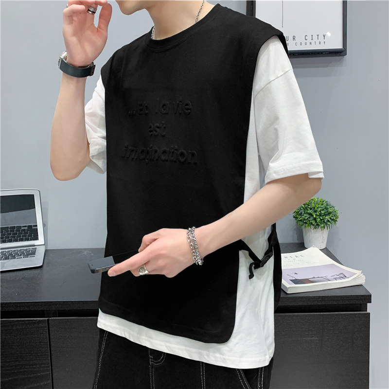 New short sleeve T-shirt in the new season, loose casual printing, fake two-piece round neck T-shirt, half sleeve