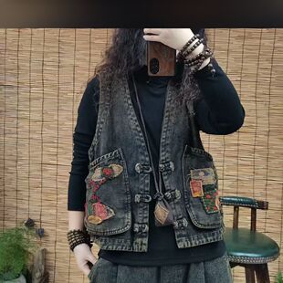 春秋款翻领刺绣大码牛仔水洗马夹短款民族风休闲百搭坎肩背心外套