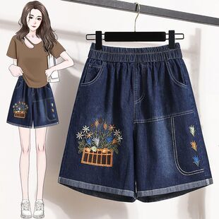 女牛仔夏季 刺绣五分阔腿裤 薄款 宽松高腰休闲中裤 女 洗水五分裤 短裤