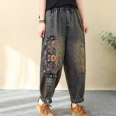 春季 绣花九分哈伦裤 女宽松大码 文艺复古民族风彩色盘扣刺绣牛仔裤