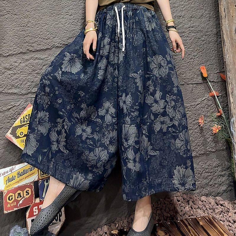 复古花卉印花宽松牛仔裤春夏款大版阔腿裤女裤复古遮肉跳舞八分裤