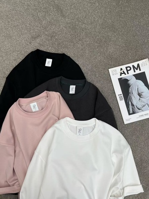 2025秋冬季新款士圆领抓绒加厚天丝短袖T恤时尚百搭宽松打底上衣