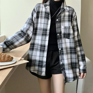 春季新款女装格子上衣宽松拼色长袖衬衫女防晒外套百搭中长款大码