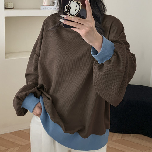 秋季大码女装新款宽松圆领华夫格拼色休闲卫衣慵懒风上衣百搭大款