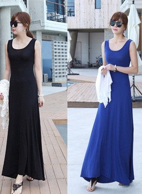夏季薄款莫代尔长裙女宽松黑色百搭连衣裙吊带打底背心裙无袖大码
