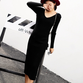 洋气女装 针织连衣裙秋冬过膝毛衣 打底衫 螺纹长裙V领纯色长袖 长款