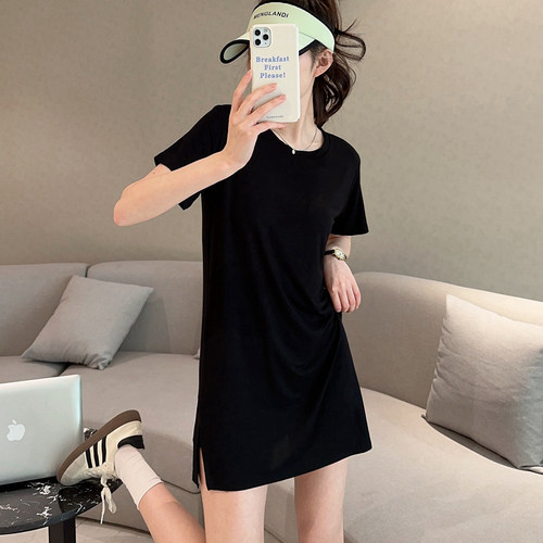 春夏韩版薄款莫代尔中长款T恤短袖外穿上衣女宽松开叉打底衫大码