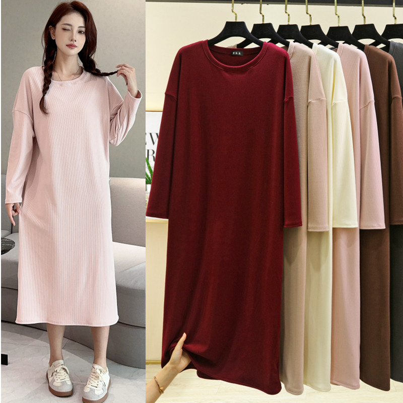 秋冬季日系加绒加厚打底裙德绒长袖长裙女圆领宽松连衣裙大码睡裙