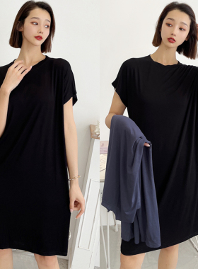夏季韩版莫代尔薄款连衣裙圆领中长款短袖打底裙宽松黑色长裙大码