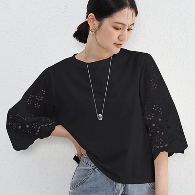 七分袖日系镂空钩花棉质T恤女