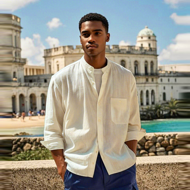 AK男装夏季新款自由古巴亚麻干爽透气简约贴袋立领长袖亚麻衬衫男,男装,衬衫,淘宝优惠券,粉丝福利购,淘宝优惠卷