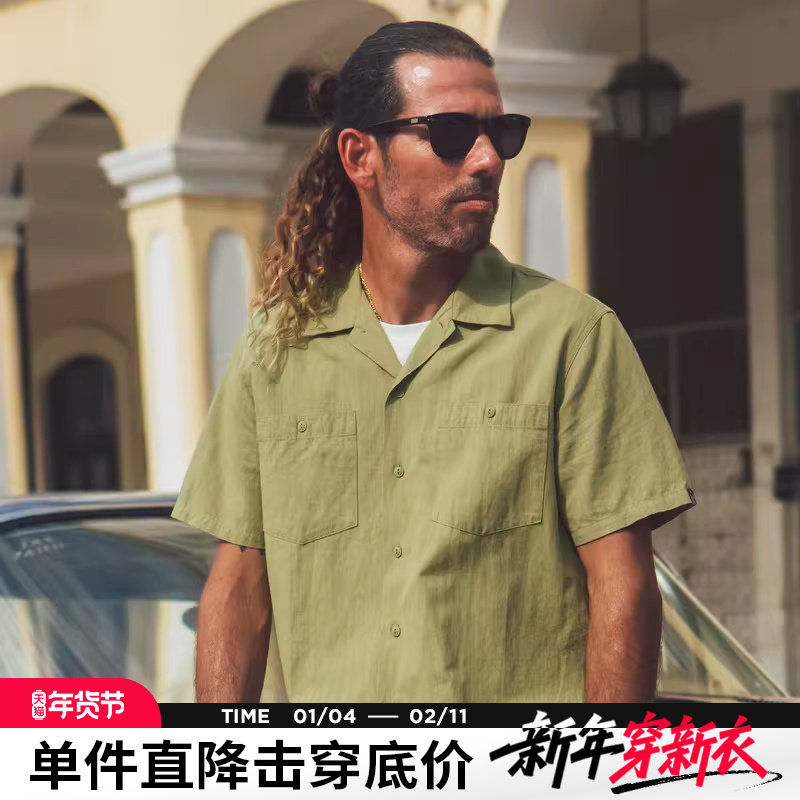 AK男装夏季新款自由古巴麻棉复古旗唛装饰贴袋翻领短袖衬衫男,男装,衬衫,淘宝优惠券,粉丝福利购,淘宝优惠卷