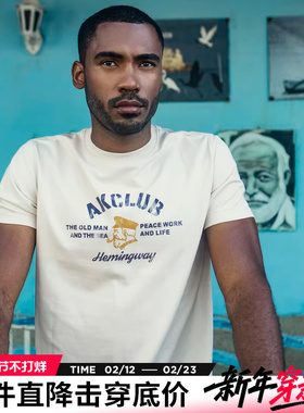 AK男装夏季新款自由古巴系列老人与海主题海明威印花短袖T恤男