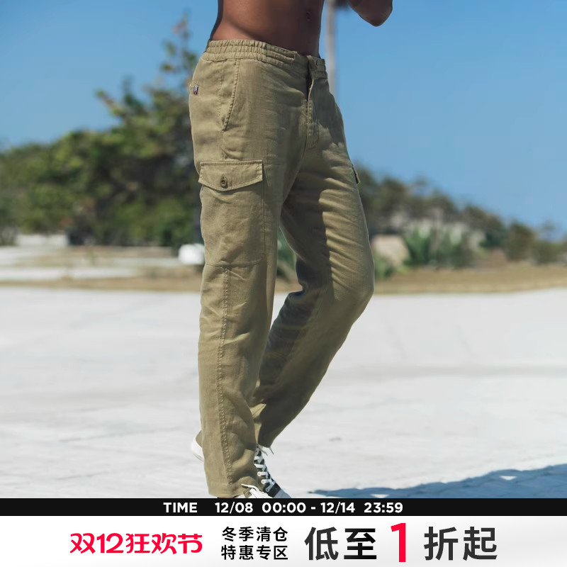 ak男装夏季自由古巴亚麻复古长裤