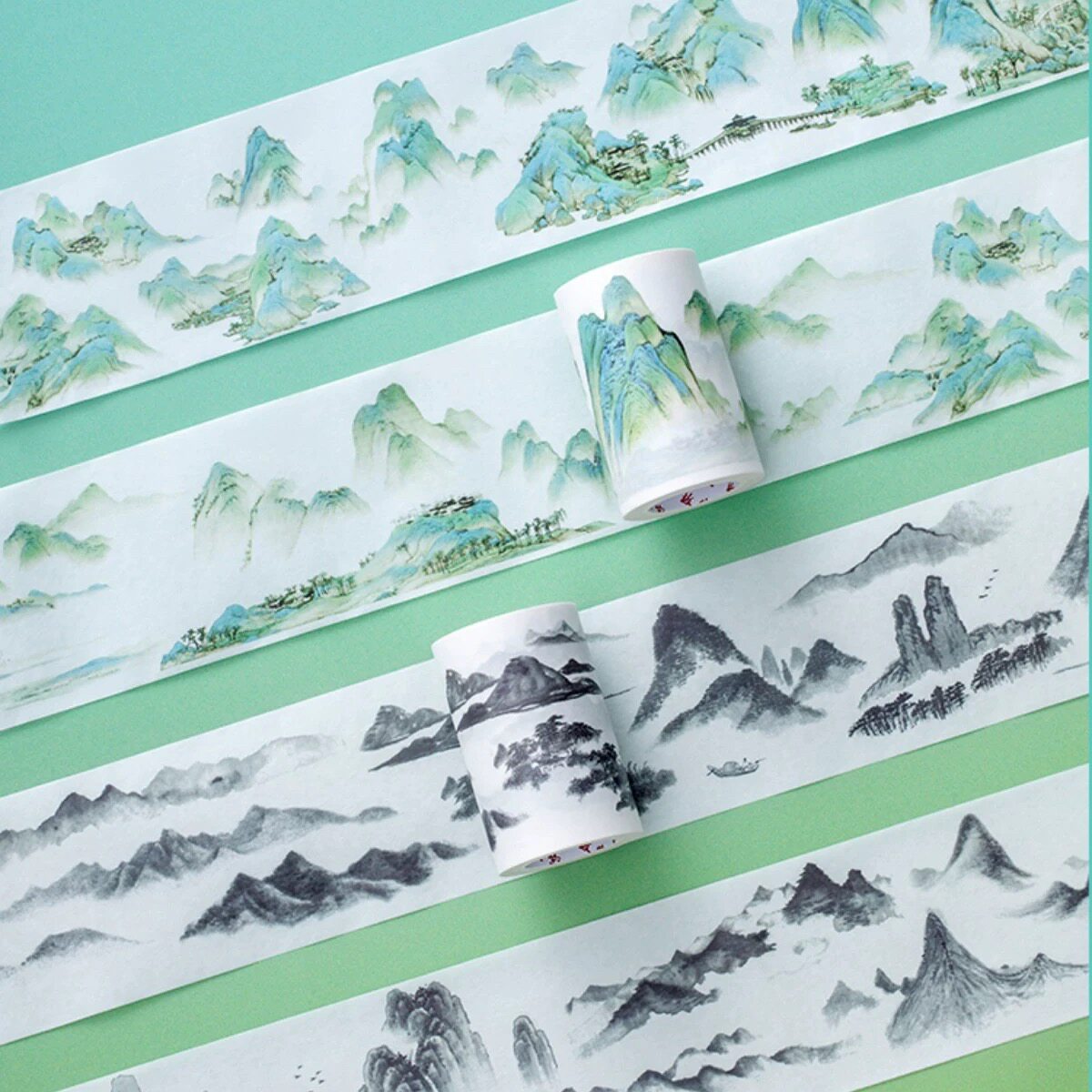 故宫青绿山水墨和纸胶带千里江山图手帐装饰贴纸中国风造景diy