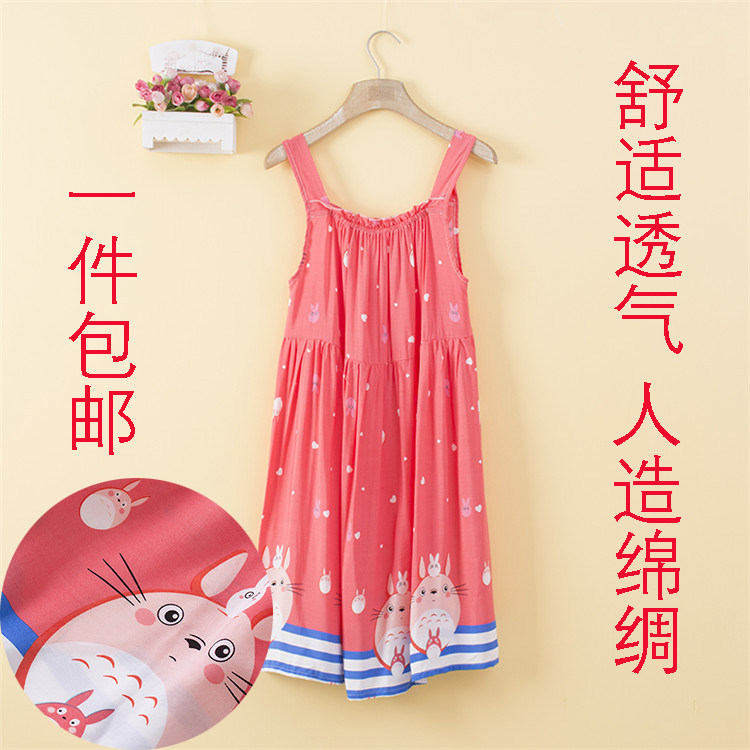 夏季绵绸睡裙吊带人造棉棉绸可爱卡通女士轻薄居家裙空调裙包邮
