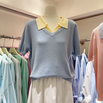2026春季新款韩版针织假两件长袖T恤女设计感小众polo领短袖