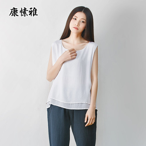 棉麻材质，无袖双层设计