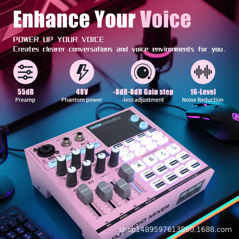英文版跨境直播声卡套装48V麦克风手机直播电脑录音唱歌声卡全套