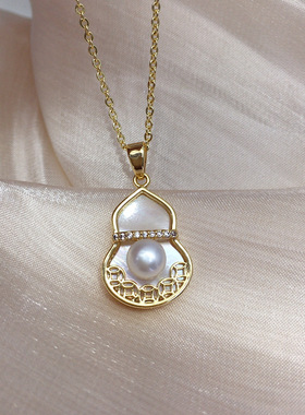 天然淡水珍珠项链贝母葫芦福禄铜钱微镶锆石珍珠吊坠直播货源