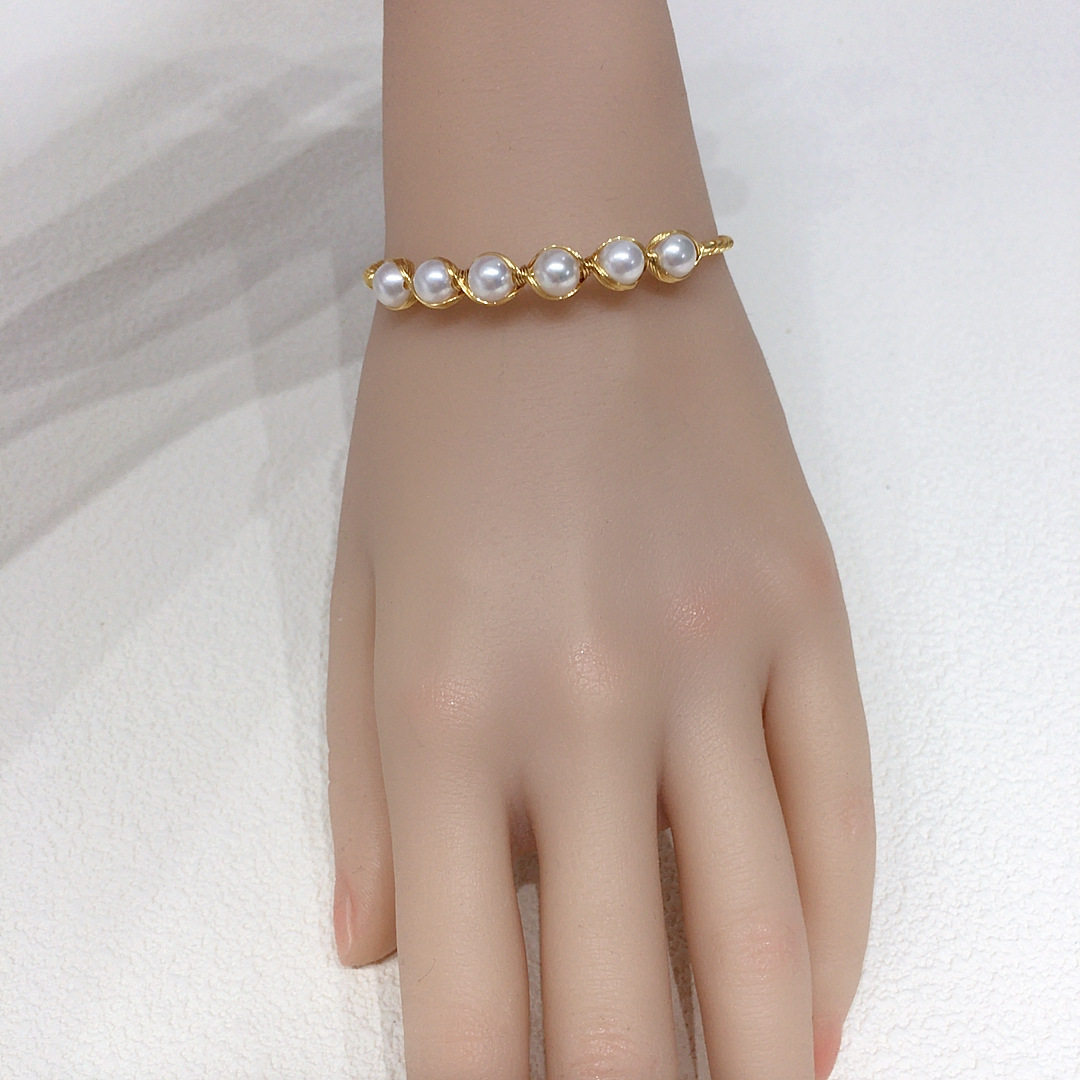 设计款绕丝手工款天然淡水珍珠手镯14K包金线ins小众手饰直播