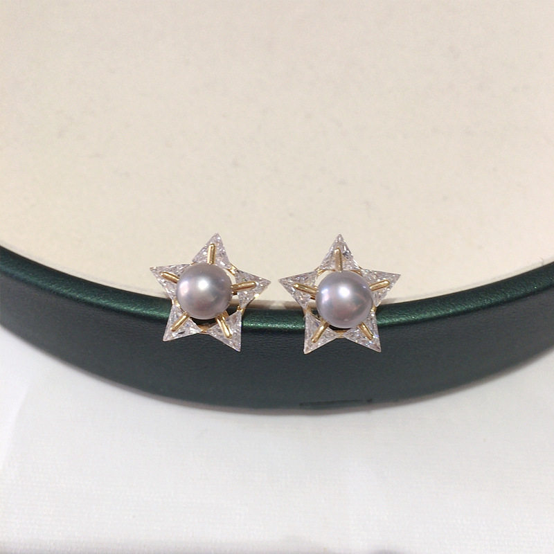 诸暨源产地天然淡水珍珠耳钉女18K包金五角星锆石气质耳饰