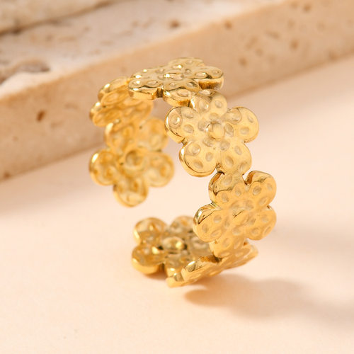 欧美流行不锈钢开口戒指时尚简约油压花朵 树叶戒指镀18k金饰品