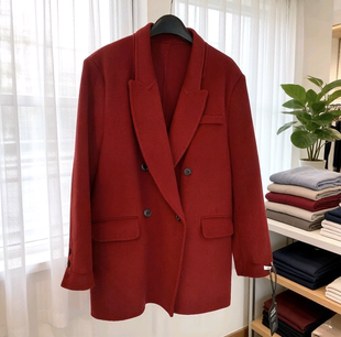 100%澳毛羊毛垫肩枣红色高级感中长双面羊绒大衣西装外套清仓处理