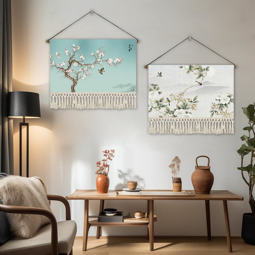 中式花鸟挂画布艺客厅背景墙装饰