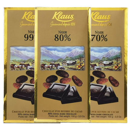 法国原装进口 Klaus80%可可黑巧克力制品100g 零食糕点纯可可脂