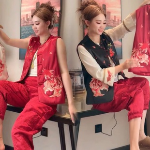 提花衬衫 宽松喇叭袖 显瘦国风盘扣锦鲤刺绣马甲 2026新年喜庆大码