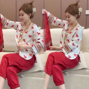 2026春喜庆新中式 上衣女 过年服红色民族风小马刺绣国风盘扣提花衫