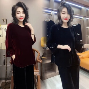 新款 洋气上衣衬衫 国风气质纯色八分袖 时尚 女 口串珠百搭丝绒衫 秋季